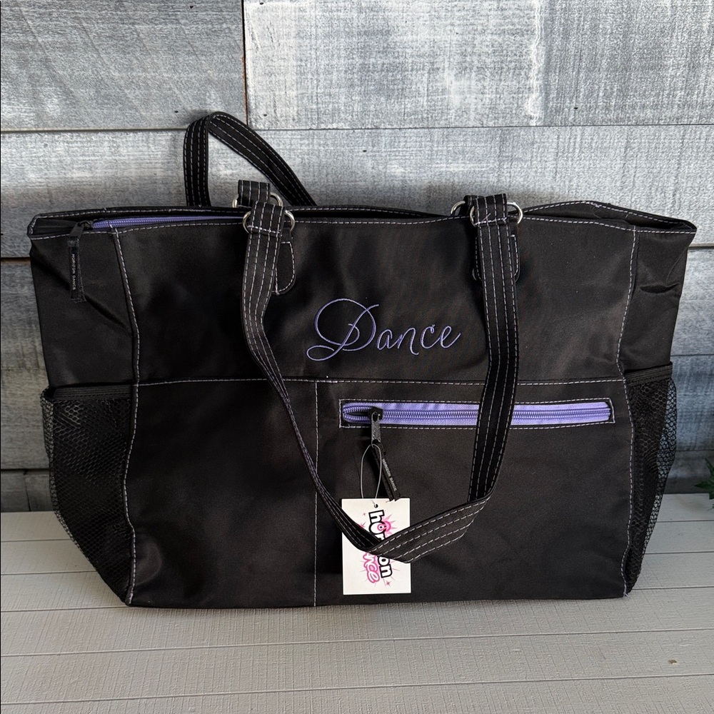 Ellie Tote - Dance Embroidered Black Tote Bag with Purple Zip Accent